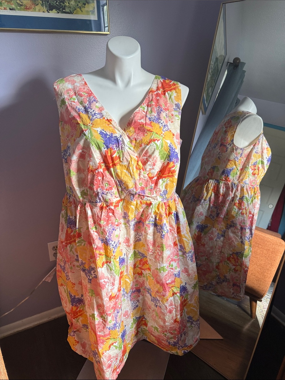 Liz Claiborne Sleeveless Floral V-Neck Dress in Coral, Yellow & Purple